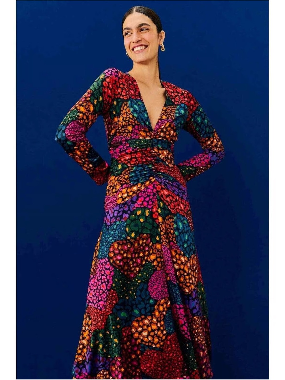 Farm Rio Rainbow Hearts Ruched Long Sleeve Midi Dress